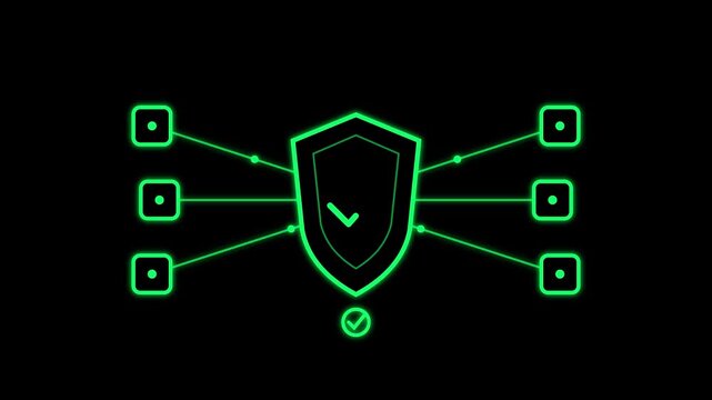 Network Firewall Protection with Green Neon Shield and Connected Nodes on Dark Background