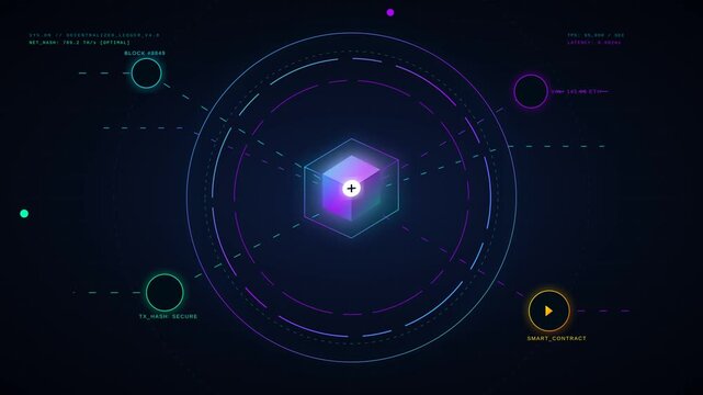 Futuristic Decentralized Blockchain Network Concept with Rotating Glowing Geometric Cube Interface