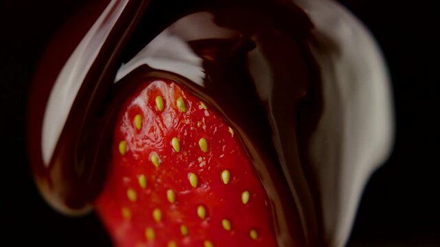 macro strawberry chocolate drip slow motion liquid cocoa delicious food lust
