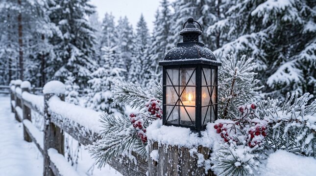 Black metal lantern glowing in a snowy forest, placed on a wooden fence decorated with pine and berries.