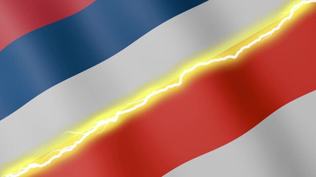 Two waving flags Serbia and Indonesia with diagonal lightning seamless, 4k loop