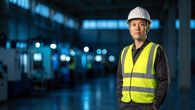 青暗い工場で佇む白いヘルメットの男性作業員