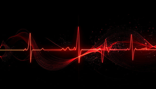 Abstract Red Heartbeat Pulse Line with Flowing Energy Waves and Particles on Black Background Digital Art