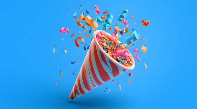 a 3D party popper cone adorned with confetti and curled streamers for a celebration or festive event theme