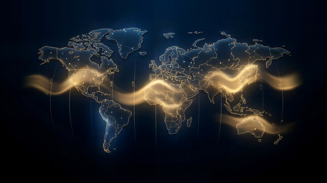 Digital world map with glowing golden light waves representing global, abstract