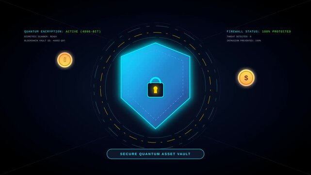 Quantum Asset Vault Digital Security Interface with Rotating Cryptocurrency Tokens and Shield Icon