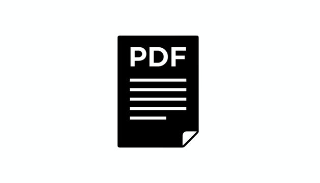 Minimalist black stencil icon of a PDF file document showing text lines on a clean white background.
