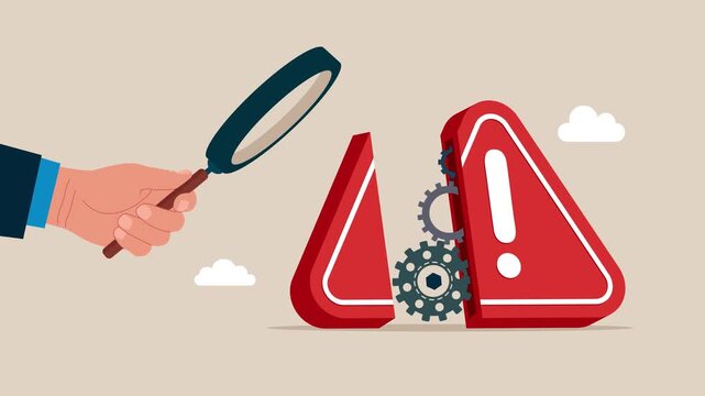 Investigate incident with exclamation attention sign with gear system move. Business animation video