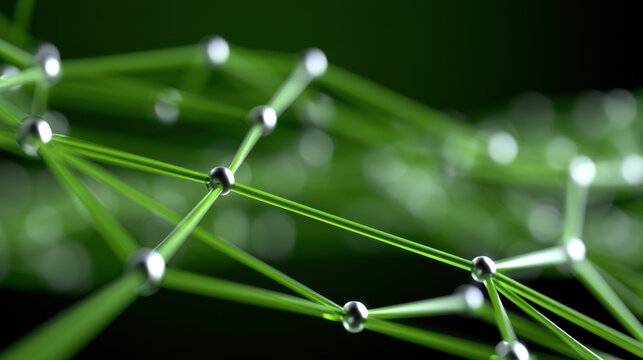 Green curved paths connect metallic nodes in high fidelity abstract network, evoking futuristic technology and innovation