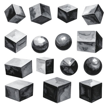 Artistic depiction of various geometric solids rendered in monochromatic watercolor style