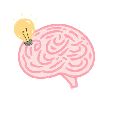 Hand drawn illustration of a cute pink human brain with a glowing yellow lightbulb representing a creative idea and innovation