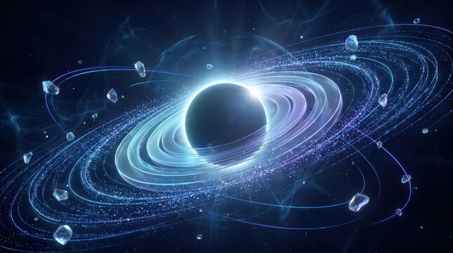 Abstract Glowing Planet with Rings and Debris in Deep Space