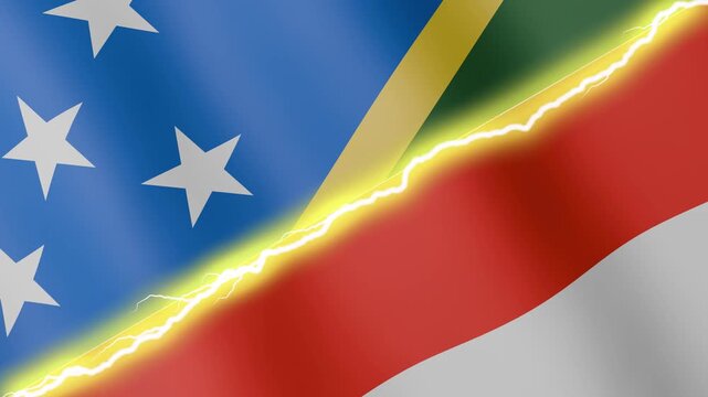 Two waving flags Solomon Islands and Indonesia with diagonal lightning seamless, 4k loop