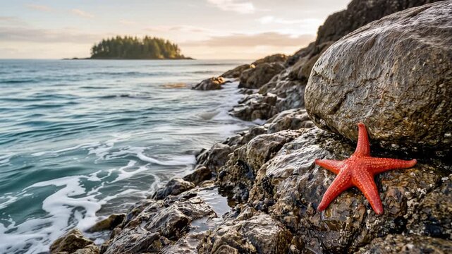 Vibrant red starfish resting on wet coastal, gentle ocean waves, serene marine nature landscape, 4K video