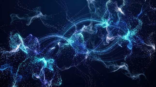 Abstract particle flow in dark blue space dynamic energy field