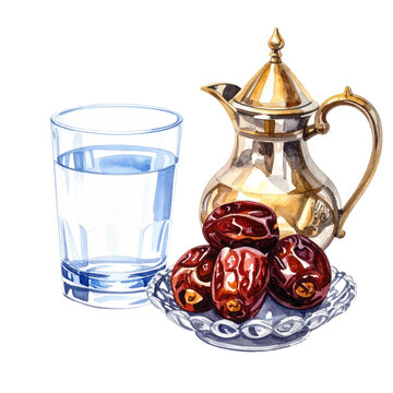 Watercolor depiction of a traditional Ramadan iftar setup dates, water glass, and ornate silver jug