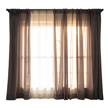 A sunlit, draped window showcasing a double set of curtains. Sunlight streams through the glass panes