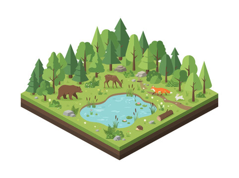 Isometric forest landscape with diverse wildlife around a pond, featuring trees, animals, and natural elements.