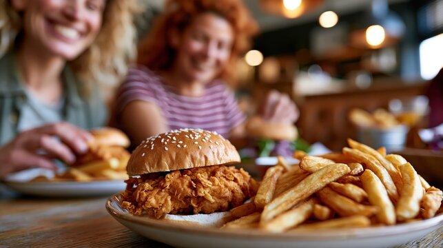 Crispy chicken burger and fries shared by two adults in casual fast food restaurant