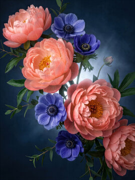 Peach Peonies and Blue Anemones

