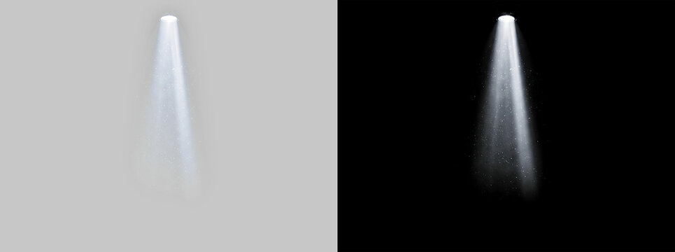 White Spotlight Beams with Dust Rays Isolated on Black Background