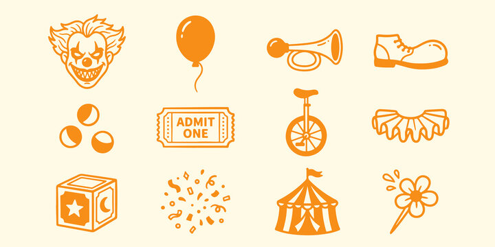 Set of circus and carnival themed line art icons with carnival unicycle entertainment performance celebration festival amusement graphics collection performer colorful childhood admission