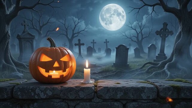 Burning carved pumpkin and candle on stone wall in spooky graveyard, under full moon Halloween background