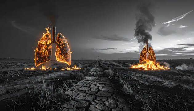 Conceptual burning lungs over cracked dry earth.