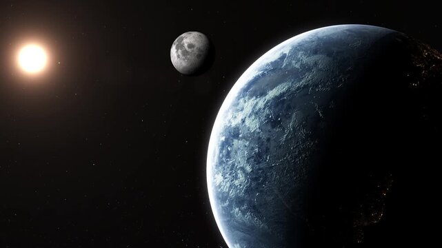 Realistic 3D Render of Planet Earth, Moon and Sun in Deep Space
