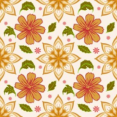  Vintage seamless floral pattern featuring hand-drawn orange and yellow flowers, green leaves, and decorative golden botanical motifs on a warm beige background. Elegant bohemian fo © Nichapa