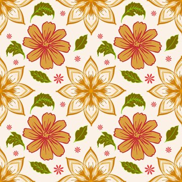  Vintage seamless floral pattern featuring hand-drawn orange and yellow flowers, green leaves, and decorative golden botanical motifs on a warm beige background. Elegant bohemian fo