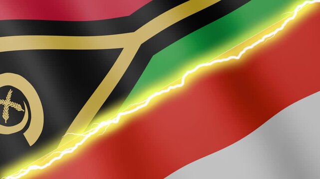 Two waving flags Vanuatu and Indonesia with diagonal lightning seamless, 4k loop