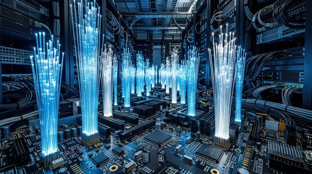 Fiber Optic Network Cables Glowing Bright Blue in a HighTech Server Room