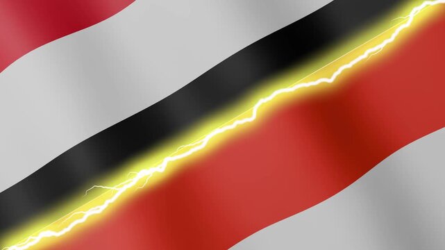 Two waving flags Yemen and Indonesia with diagonal lightning seamless, 4k loop