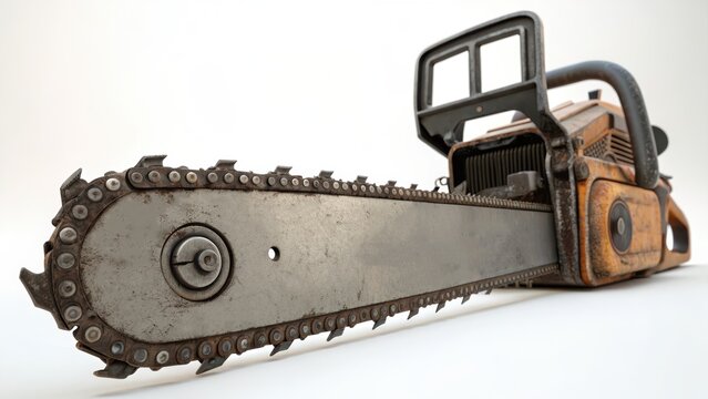 Rusty chainsaw industrial tool with sharp metal chain blade and handle for cutting wood or timber in construction or forestry work