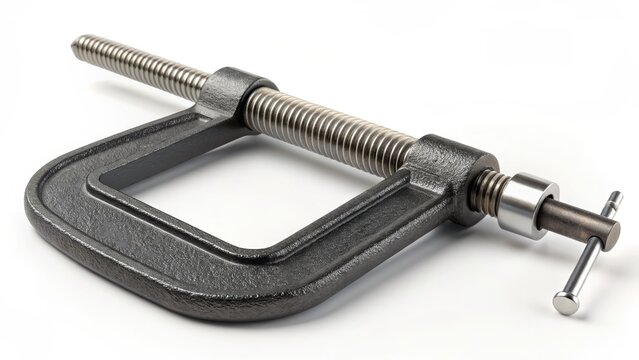 A close-up shot of a c-clamp, a handy tool for gripping and holding objects steady. Its metallic jaws and screw mechanism are clearly visible