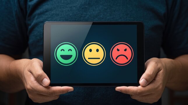 Customer satisfaction survey rating displayed on tablet screen featuring green happy, yellow neutral and red angry smiley face icons for feedback evaluation and user experience