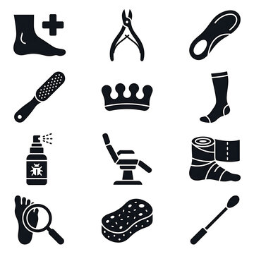 Podiatry & Foot Healthcare Equipment Set - Orthotic Insole, Foot Care Clippers, Compression Sock, Medical Chair Vector Glyph Icon Set Isolated on White