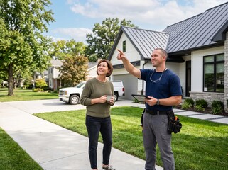 Fototapeta premium Contractor and homeowner discussing home exterior renovation