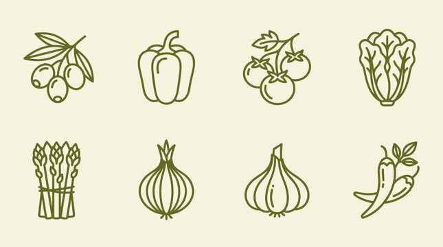 Collection of linear icons depicting vegetables such as bell pepper, tomatoes, lettuce, asparagus, onion, garlic, and chili peppers, along with olives.