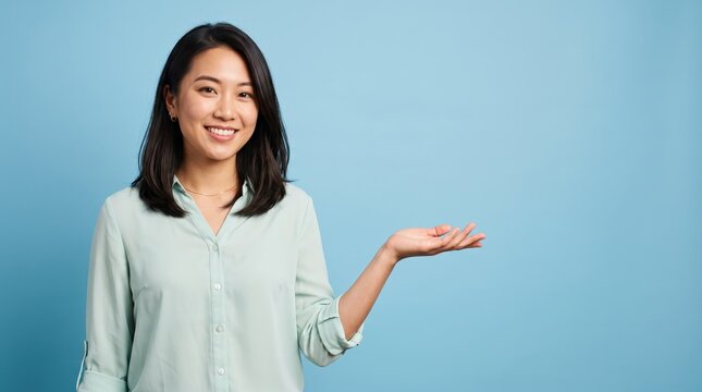 Portrait of smiling Asian business woman gesturing with open hand against solid blue, presenting empty for text or product placement in corporate advertising.