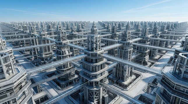 Futuristic Cityscape with Interconnected Towers and Skybridges