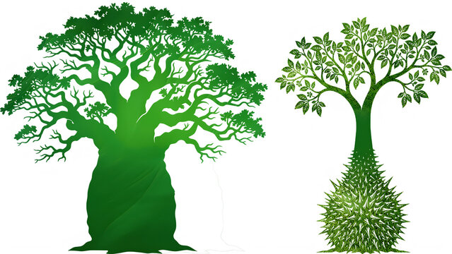 Two Stylized Watercolor Green Trees PNG Isolated on Black Background for Design