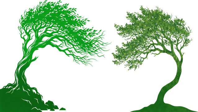 Two Stylized Watercolor Green Trees Bending in the Wind PNG Isolated on Black Background