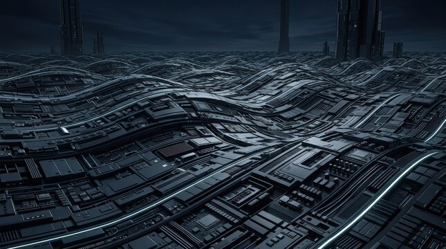 Futuristic Dark Cityscape with Wavy Architectural Structures and Glowing Lines