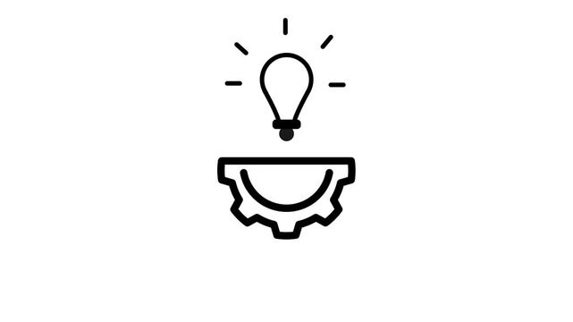 Glowing light bulb icon above a gear, representing innovative ideas, creative processes, problem-solving, and technical solutions in business.