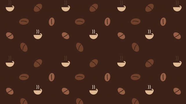 Animated seamless coffee-themed pattern featuring steaming coffee cups and scattered coffee beans on a dark brown background. Warm repeating design suitable for caf&eacute; branding, food and beverage conten