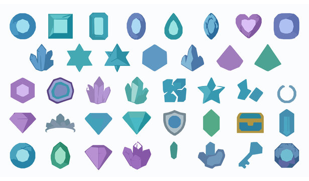 Unique flat diamond and gemstone icon set with geometric cuts and colorful faceted stones