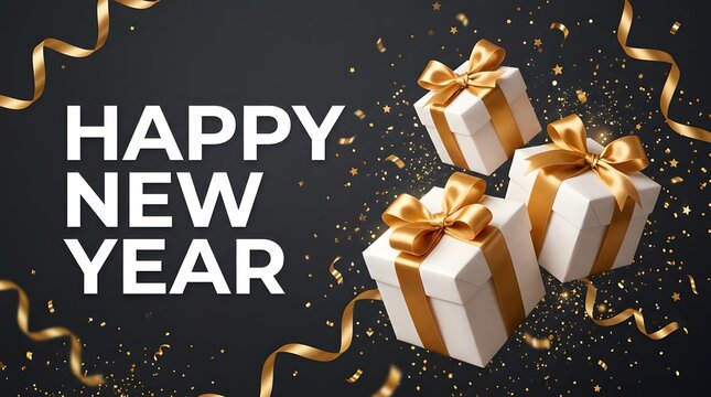 Happy new year greeting card design with white gift boxes and golden ribbons on a dark background