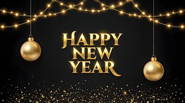 Elegant happy new year greeting card with gold ornaments and glowing fairy lights on a black background